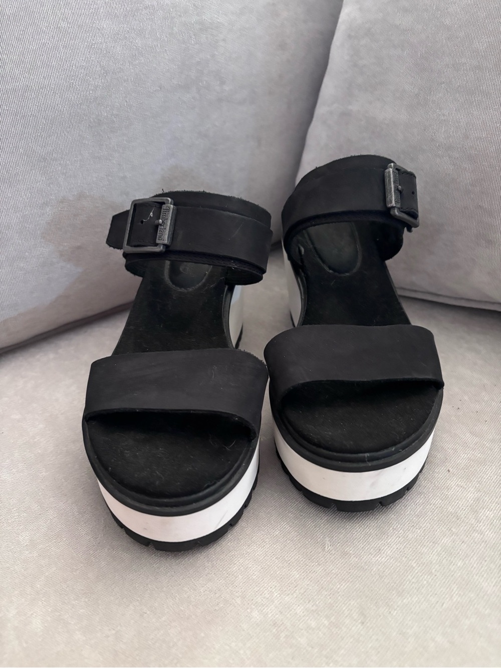 Timberland Black and White Platform Buckle Sandals